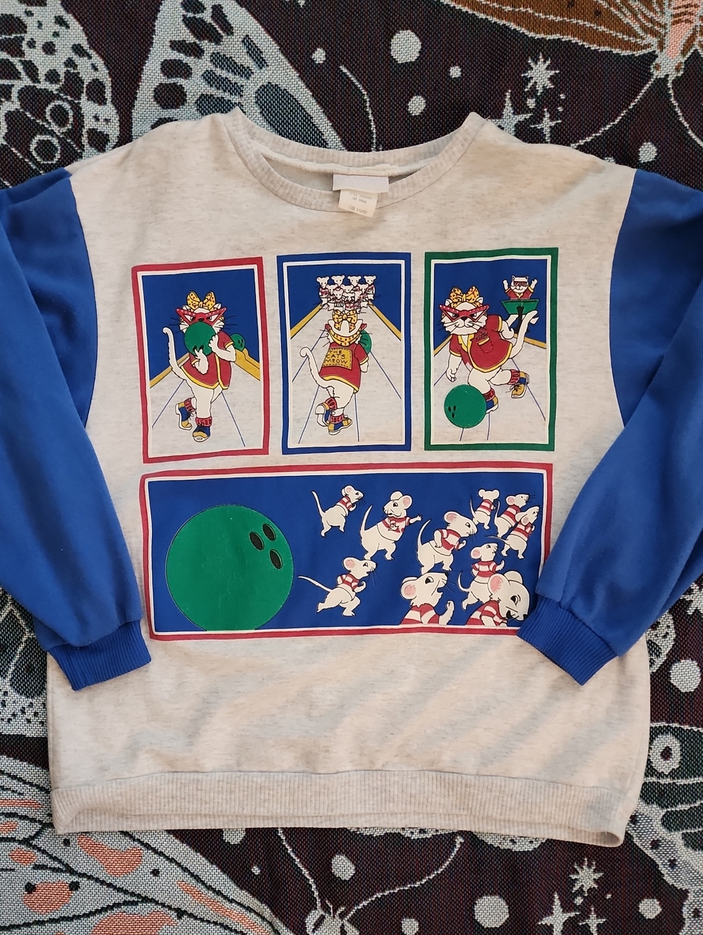 Vintage Cats & Mice Bowling Pullover Sweatshirt - Blue and Cream